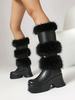 Bottes mi-mollet pour femmes en cuir PU à bout rond et talon épais