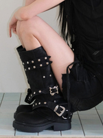 Bottes mi-mollet pour femmes rivets bout rond bottes à talons épais