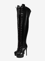 Bottes noires à lacets au-dessus du genou bottes à talons hauts et plateformes