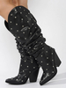 Bottes noires à mollet large pour femmes bout pointu talons compensés perlés bottes amples