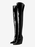 Bottes noires au-dessus du genou bottes à bout pointu et talon compensé cuissardes hautes
