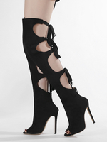 Bottes noires au-dessus du genou pour femmes bottes sandales découpées en daim à talons aiguilles