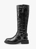 Bottes noires au genou pour femmes Bottes hautes plates à détail de boucle