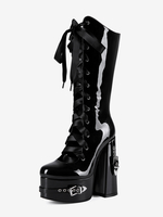 Bottes noires hautes à plateforme et boucle lacets et talons épais