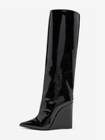 Bottes noires hautes au genou pour femmes bottes compensées à bout pointu longueur genou