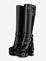 Bottes noires sexy pour hommes cloutées à boutons montantes jusquaux genoux à plateforme et talons hauts pour un style punk.