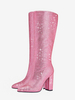 Bottes roses au genou avec strass pailletés et bout pointu et talon épais pour fêtes