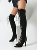 Bottes sandales noires au dessus du genou bout ouvert lacets cuissardes découpées à talons hauts
