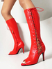 Bottes sandales rouges au genou bottes à talons hauts à lacets et bout ouvert
