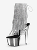 Bottes sexy à plateforme argentées avec strass et pompons bout ouvert lacets bride arrière bottes de pole dance