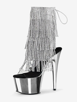 Bottes sexy à plateforme argentées avec strass et pompons bout ouvert lacets bride arrière bottes de pole dance