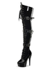 Bottes sexy à talons hauts bout rond boucle à lacets talon aiguille Rave Club cuissardes noires sur les bottes au genou