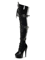Bottes sexy à talons hauts bout rond boucle à lacets talon aiguille Rave Club cuissardes noires sur les bottes au genou