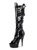 Bottes sexy à talons hauts bout rond fermeture à glissière boucle géométrique talon aiguille Rave Club cuissardes cuissardes noires