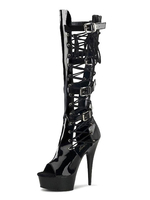Bottes sexy à talons hauts bout rond fermeture à glissière boucle géométrique talon aiguille Rave Club cuissardes cuissardes noires