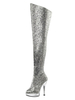 Bottes sexy à talons hauts bout rond fermeture éclair paillettes à pois talon aiguille Rave Club cuissardes argent sur les bottes au genou