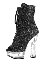 Bottes sexy à talons hauts bout rond fermeture éclair paillettes géométriques gobelet talon Rave Club cuissardes noires