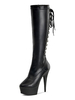 Bottes sexy à talons hauts bout rond talon aiguille fermeture éclair géométrique Rave Club cuissardes gris foncé sur les bottes au genou