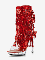 Bottes sexy à talons hauts et bout ouvert à lacets et paillettes talon aiguille bottes rouges à cuissardes pour pole dance bottes au-dessus du genou