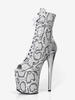 Bottes sexy à talons hauts et bout ouvert à lacets imprimé serpent talon aiguille bottes argentées pour pole dance cuissardes hautes bottes au-dessus du genou