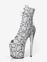 Bottes sexy à talons hauts et bout ouvert à lacets imprimé serpent talon aiguille bottes argentées pour pole dance cuissardes hautes bottes au-dessus du genou