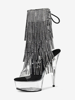 Bottes sexy à talons hauts et bout ouvert avec lacets et strass talon aiguille bottes noires pour pole dance cuissardes hautes bottes au-dessus du genou