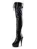 Bottes sexy à talons hauts Fermeture à glissière à bout rond Détails en métal Talon aiguille géométrique Rave Club Cuissardes Bottes noires sur le genou