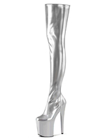 Bottes sexy à talons hauts Fermeture à glissière à bout rond Détails en métal Talon aiguille géométrique Rave Club Cuissardes Cuissardes argentées Cuissardes