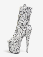 Bottes sexy pour femmes à bout ouvert à lacets imprimé serpent talon aiguille Pole Dancing bottes hautes argentées au-dessus du genou