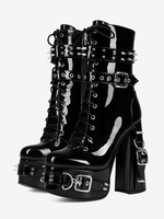 Bottes sexy pour homme en cuir verni noir à lacets et boutons avec talon compensé.