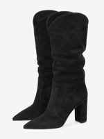 Bottes souples en daim noires bout pointu talon épais mi-mollet