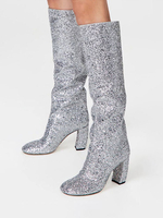 Bottes Souples Pour Femmes Paillettes Argentées Bout Carré Talon Épais Bottes Au Genou