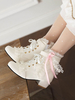 Bottes Sweet Lolita Cuir PU Perles Dentelle Bout Rond Chaussures Lolita Blanches