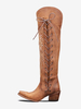 Bottes western au-dessus du genou pour femmes bottes hautes à lacets brodées marron café à bout pointu