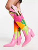 Bottes Western Hautes Roses Femmes Imprimées À Bout Pointu À Talons Hauts