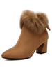 Bottine femme à bout pointu et talons épais en cuir poncé unicolore avec fourrure Boots