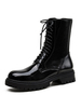 Bottines à lacets en cuir verni à talons épais et bout rond pour femmes