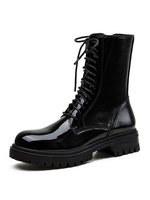 Bottines à lacets en cuir verni à talons épais et bout rond pour femmes