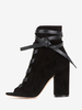 Bottines à lacets en daim noir pour femmes bout ouvert talon épais