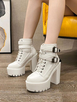Bottines à Talon Haute avec Plateforme Femme avec Bout Rond à Lacets et Boucles Unicolore Bottines Femme