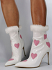Bottines à Talon Haute Fin à Cuir Synthétique Vernis Femme avec Bout Pointu Imprimé Les Coeurs Cousu Les Fausse Fourrures Bottines Femme