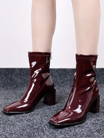 Bottines à Talons Hautes Femmes Hivers à Cuir Synthétique Vernis à Col Carré Unicolore