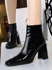 Bottines à Talons Hautes Femmes Hivers à Cuir Synthétique Vernis avec Bout Carré Unicolore
