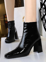 Bottines à Talons Hautes Femmes Hivers à Cuir Synthétique Vernis avec Bout Carré Unicolore