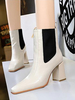 Bottines à Talons Hautes Femmes Hivers Elastique à Cuir Synthétique Vernis avec Bout Carré Cousu Deux Coleurs Bimatières