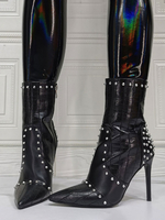 Bottines à Talons Hautes Fins Femmes à Cuir synthétique Vernis Décors avec Cloutées à Bout Pointu Bottine Femmes Hiver