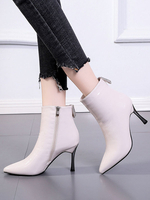 Bottines à Talons Hautes Fins Femmes Hiver à Cuir Synthéqtiue avec Bout Pointu Unicolore