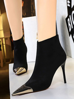 Bottines à Talons Hautes Fins Femmes Hivers à Bout Pointu à Cuir Synthétiques en Croûte Cousu avec Métals Bicolores
