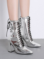 Bottines à Talons Hauts Hiver Femme à Cuir Synthétique Vernis à Lacets Noir avec Bout Pointu Bicolore Bottines Femme