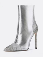 Bottines Argentées Diamants Faux Bout Pointu Bottines Talon Aiguille Pour Femme